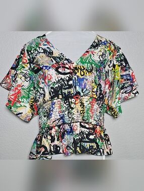 Live 4 Truth Abstract Graffiti Print Smocked Waist Blouse Size L